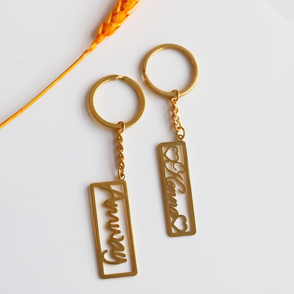 Personalized Long Rectangular Name Keychain with Heart Charm